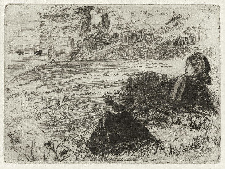 JAMES A. M. WHISTLER Nursemaid and Child. Etching and drypoint on antique cream...