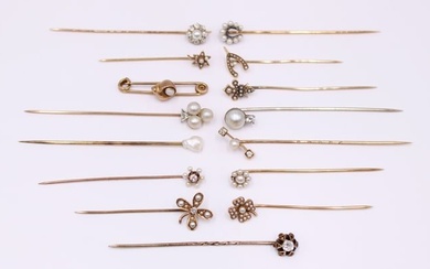 JEWELRY. (14) Gold Stick Pins and a Bar Pin.