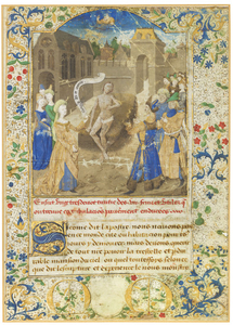 JOB ON THE DUNG HEAP, miniature on the opening folio of Les sept fruits de la tribulation, in French, illuminated manuscript on vellum [Paris, c.1455-65]