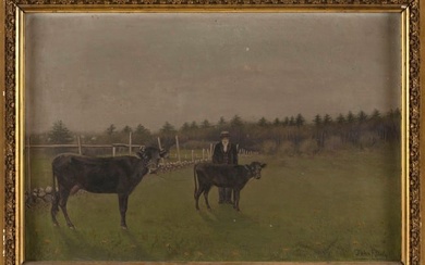 JOHN F. DALY (America, Late 19th Century), Cows and a farmer., Oil on canvas, 12" x 18". Framed 14"