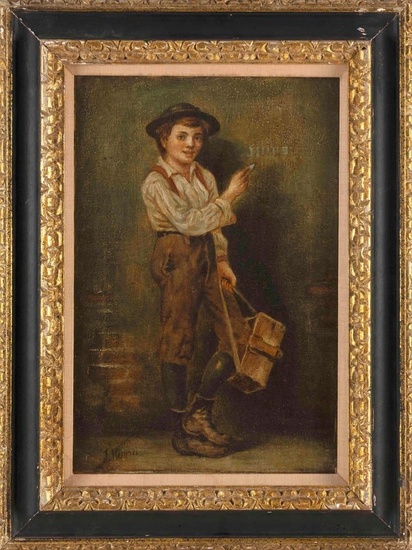JOHN HENRY HENRICI (New York, 1863-1958), A shoeshine boy., Oil on canvas, 18" x 12". Framed 25" x