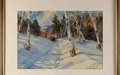 JOHN WHORF (Massachusetts, 1903-1959), A sleigh winding through a birch-lined path., Watercolor on
