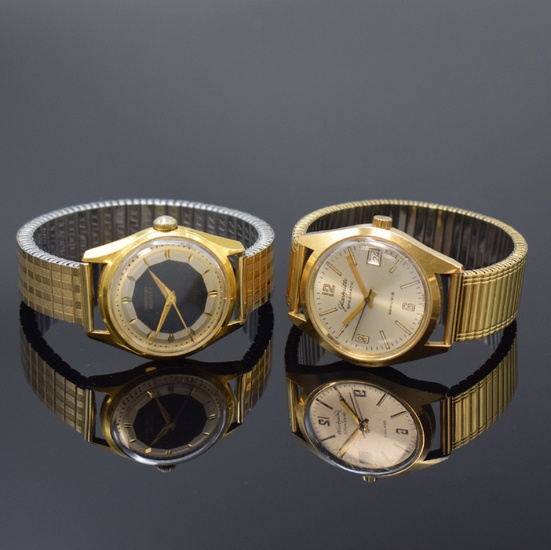 JUNGHANS Meister et GLASHÜTTE Spezimatic 2 montres-bracelets, Allemagne vers 1960/1975, tous deux dorés. Bracelets flexibles,...