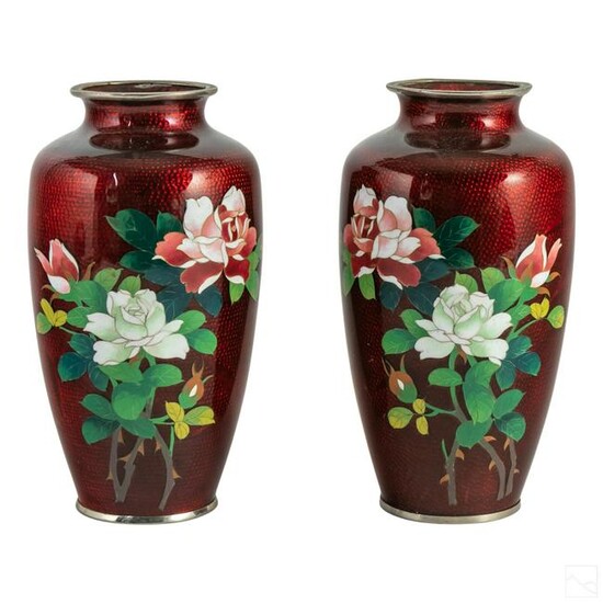 Japanese Wire Cloisonne Oxblood Red Enameled Vases