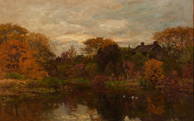 John Joseph Enneking (American, 1841-1916) Early Autumn, Neponset River, Hyde Park, alternately titled The Summer House on the Neponset River 19 x 28 in. (48.0 x 71.0 cm) framed 26 x 35 in.