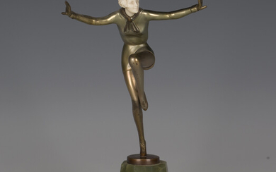 Josef Lorenzl - an Art Deco silvered and gilt patinated cast bronze figure of a dancing lady, bearin