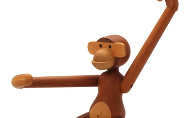 Kay Bojesen: Large monkey figure of patinated teak and limba wood. Movable head, arms and legs. H. 48/60 cm.