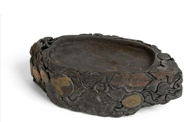 LARGE OVAL 'LOTUS POND' INK STONE EARLY 20TH CENTURY