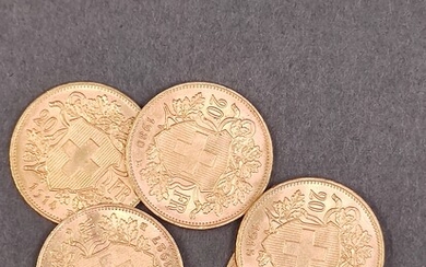 LOT de cinq pièces en or 20 francs suisse 1914/1915/1927/1930 Poids : 32.26 g Frais...