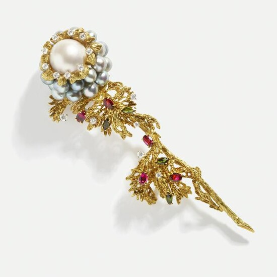 La Triomphe, Diamond, cultured pearl, gem flower brooch