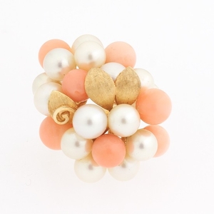 Ladies' Gold, Angel Skin Coral and Pearl Cluster Ring