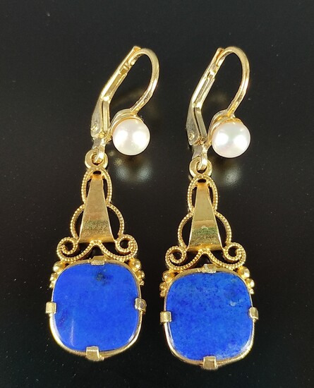 Lapis lazuli earrings, art deco, folding ear hoops set with white genuine cultured pearls in fine l