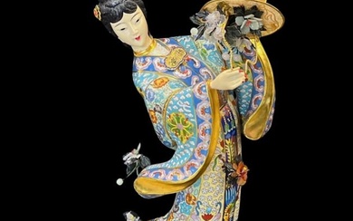 Large Chinese Cloisonne Figural Maiden Brass & Cloisonne Figural Standing Maiden with Ornate Enamel