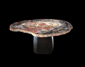 Large, Colorful Petrified Wood Slice on Stone Table Base