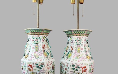 Large Pair of Chinese Hexagonal Famille Rose Porcelain Vase Lamps Qing Dynasty