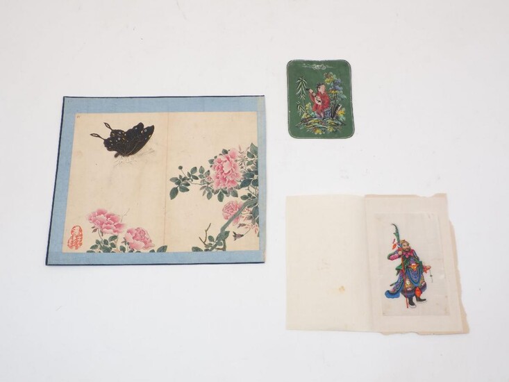 Late 19th Century Chinese school, ink and colour on silk, signed in red cartouche lower left corner; together with a fine painting of a south east asian warrior, ink and colour on rice paper, and a further small ink and colour on paper depicting a...