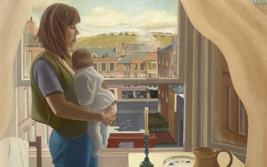 Lesley Banks, Scottish b.1962 - Mother and Baby, 1994; oil on canvas, signed and dated lower centre 'L Banks 94', 76.3 x 81.3 cm (ARR) Note: Banks has works in major public collections in Scotland including Aberdeen Art Gallery, Stirling Smith Art...