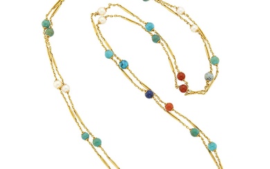 Long Gold, Cultured Pearl and Hardstone Bead Chain Necklace
