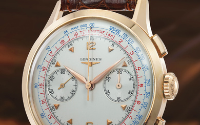 Longines, Ref. 5967 A rare and attractive pink gold flyback chronograph wristwatch with hang tag and presentation box