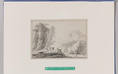 Lot 14 Jean PILLEMENT (Lyon 1728 - 1808) Promeneurs dans un paysage rocheux Pierre noire 17,5 x 24 cm Rousseurs. RM