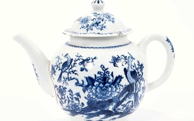 Lowestoft teapot and cover, of globular form, printed in blue with a variant of the Birds in Branches pattern, within loop borders, 15cm high
