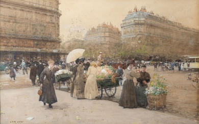 Luigi LOIR (1845-1916). Les marchands de fleurs à Paris, place de l'Opéra, vue vers le...