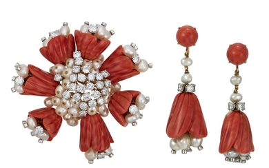 M. GÉRARD SET OF CORAL, DIAMOND AND FRESHWATER PEARL JEWELRY