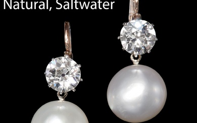 MAGNIFICENTPAIR OF CERTIFICATED NATURAL SALWATER PEARL AND DIAMOND EARRINGS