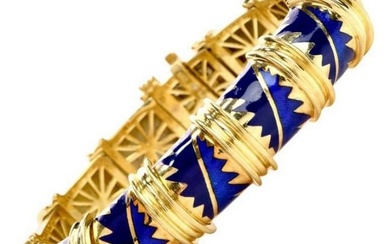 MAVITO 1980's Chic Blue Enamel 18k Yellow Gold Bangle Bracelet