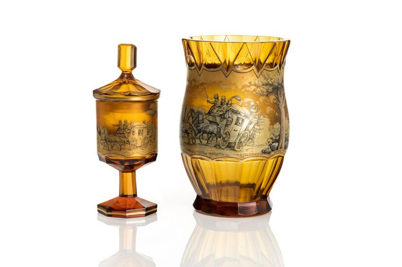 MOSER AMBER GLASS & GILT VASE AND COVERED GOBLET