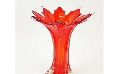 MURANO GLASS VASE, hand blown, red waisted body, flared form...