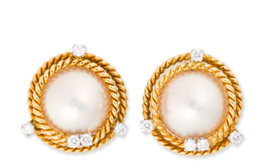 Mabe pearl, diamond and eighteen karat gold earclips, 'Rope', Schlumberger, Tiffany & Co.