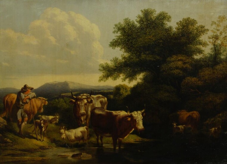 Manner of Paulus Potter, 19th century- Cattle and goats watering; over-painted oleograph, bears signature 24.8 x 34.3 cm (VAT charged on the hammer price)