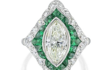 Marquise-Cut Diamond and Emerald Ring