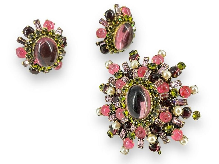 Matching Brooch and Earrings by Schreiner in Pink Cabochons