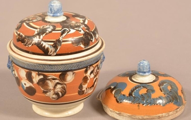 Mocha Decorated China Sugar Bowl and Two Lids.