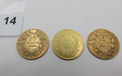 Monnaies or - France - Lot de 3 x 10 Francs Napoléon III tête laurée...