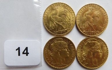 Monnaies or - Lot de 4 x 20 Francs Coq (1907, 1910, 1911 et 1913) TTB+ à SUP