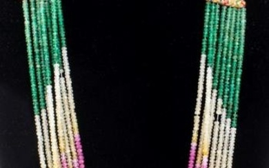 Multi-colored gemstone necklace, featuring emeralds, rubies and sapphires, fully drilled rondelle