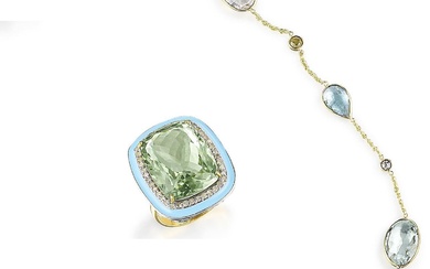 Multicolor Beryl and Diamond Chain with Green Amethyst and Diamond Enamel Ring