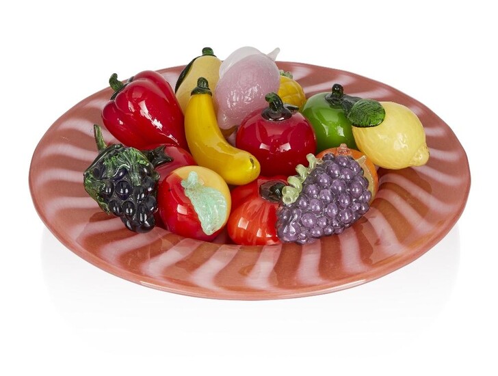 Murano, glass dish, together with loose Murano glass fruit and vegetables, second half 20th century, blown glass, the dish 49cm diameter (15)