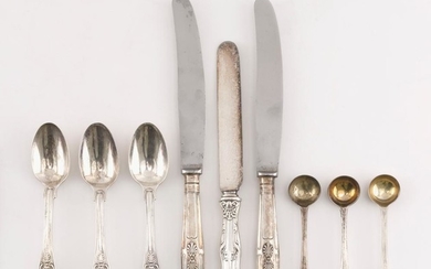 NINE PIECES OF STERLING SILVER AND SILVER PLATED FLATWARE Sterling silver unless otherwise noted. 1-3) Three mustard spoons. London,...