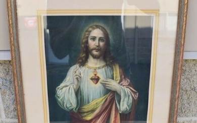 Nice Older Framed Print of Jesus Christ Sacred Heart +