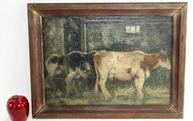 Oil on board painting pastoral with cows