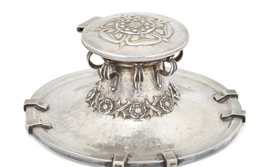 Omar Ramsden (1873-1939), Arts and Crafts Tudor rose and thorns inkwell with cover, 1920, Silver, Hallmarked, and edge of base engraved 'OMAR RAMSDEN ME FECIT', 14.3cm diameter, 7cm high