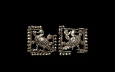 Ordos Style Silver Plaque Pair with Mythical Birds