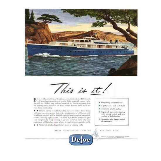 Original 1946 Defoe Luxury Yacht Advertisement