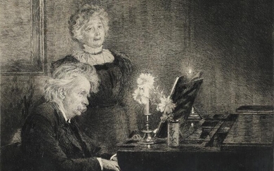 SOLD. P. S. Krøyer: “Edvard Grieg akkompagnerer fru Nina Griegs sang”. Signed and dated in print. Inscribed Nr. 51. Etching. Visible size 40.5 x 50. – Bruun Rasmussen Auctioneers of Fine Art