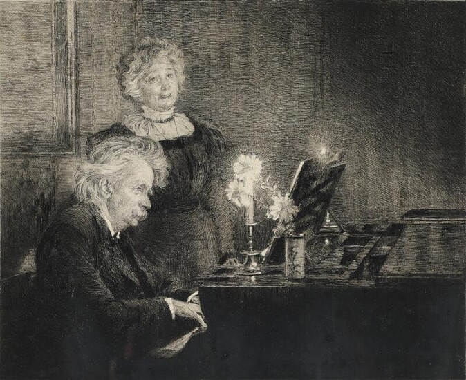 SOLD. P. S. Krøyer: “Edvard Grieg akkompagnerer fru Nina Griegs sang”. Signed and dated in print. Inscribed Nr. 51. Etching. Visible size 40.5 x 50. – Bruun Rasmussen Auctioneers of Fine Art
