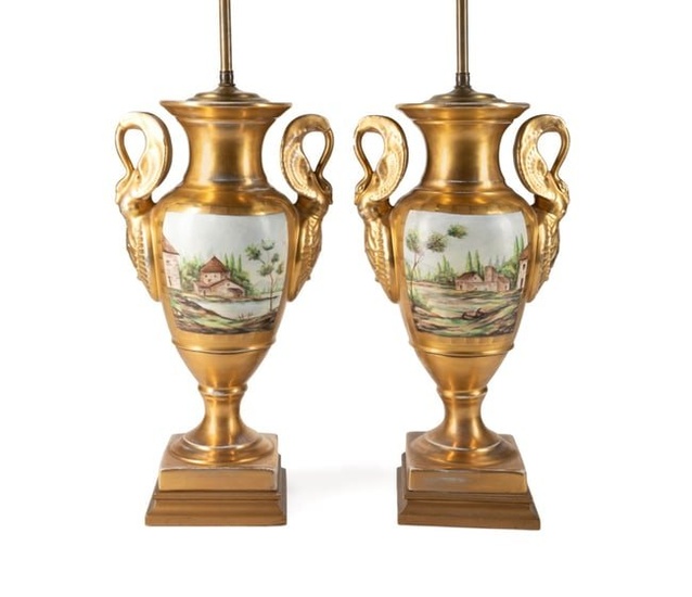 PAIR 19TH C. PARIS PORCELAIN URNS MOUNTED AS LAMPS